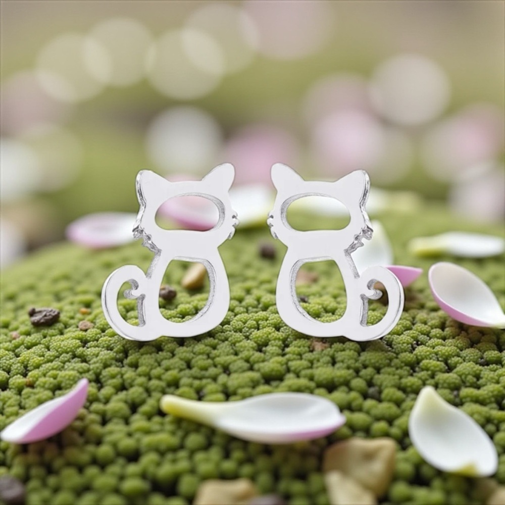 Cute Silver Cat Outline Stud Earrings - NWOT